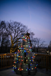 Christmas Tree made out of beer kegs dirt farm brewing loudoun county brewery