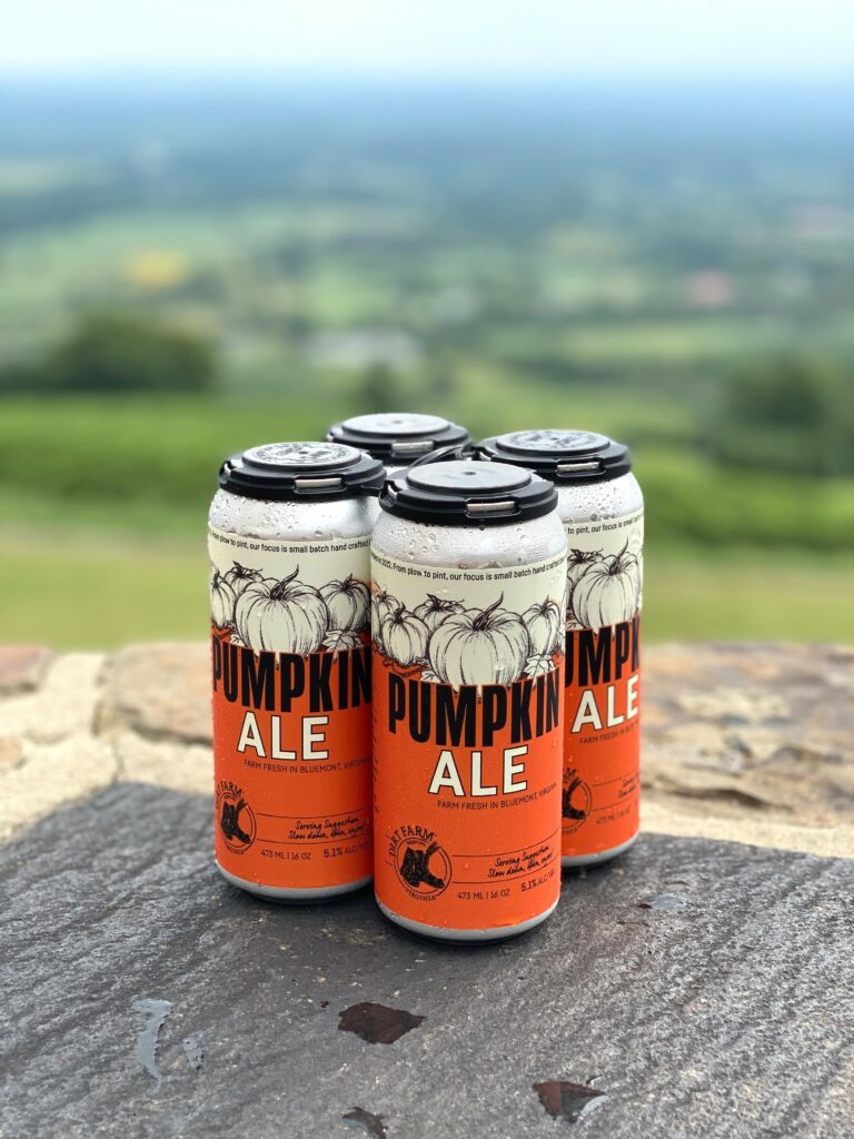 Brewery Loudoun County Dirt Farm Brewing Pumpkin Ale Cans on Stone Wall