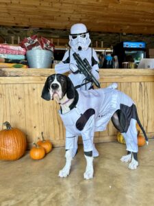 Boy dressed as a stormtrooper with his dog for halloween Howl-O-Ween event at dirt Farm brewing