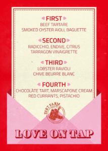 Love on Tap Valentine's Dinner at Dirt Farm Brewing menu in Loudoun county virginia