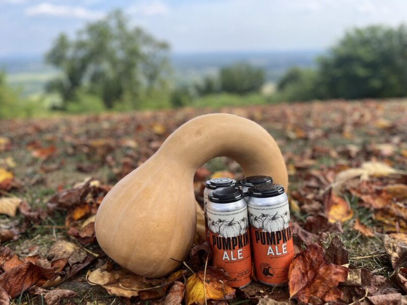 Dirt Farm Brewings Pumpkin Ale beer release beer leaning against a pumpkin with a view of the Loudoun county valley behind it