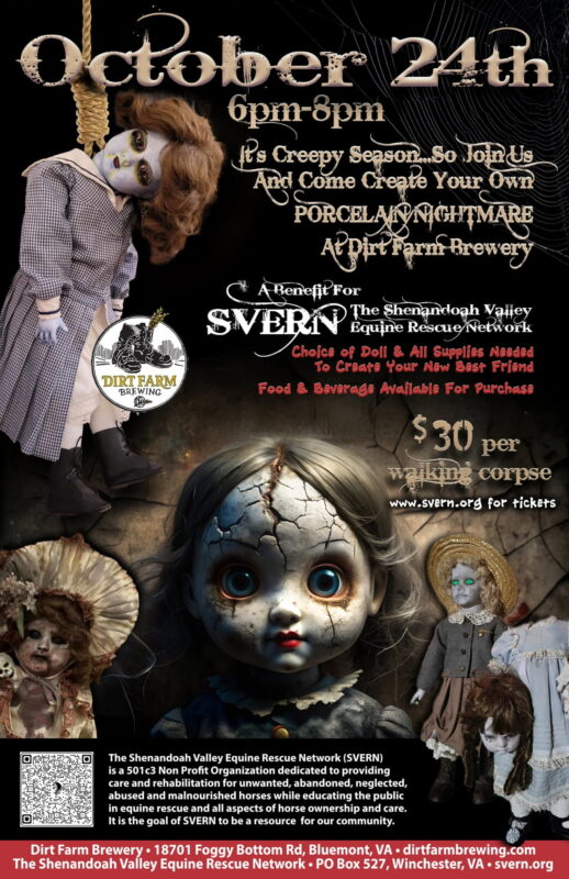 Flyer for the creepy Doll workshop at Dirt Farm Brewing in Loudoun County virginia