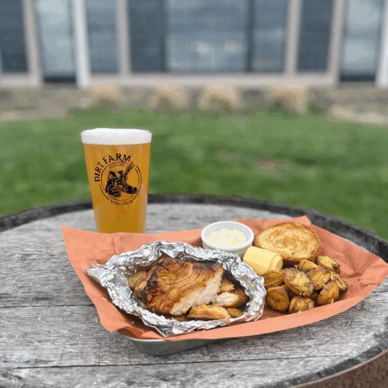 Fireside Fish Friday platter displayed with a beer at dirt farm brewing in Loudoun county for lent.
