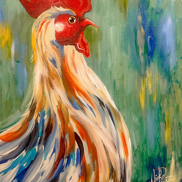 Finished Painting of a rooster at Dirt Farm brewings paint and Sip event with brushstroke art events in Loudoun county
