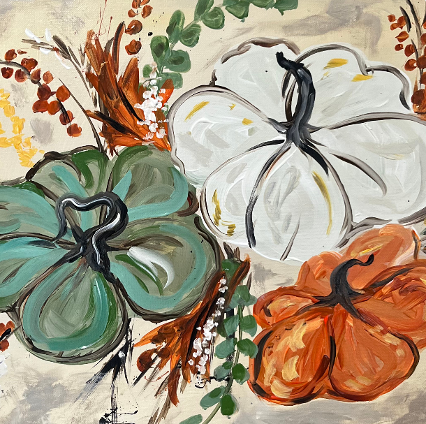 painting of fall pumpkins at dirt Farm brewings paint and Sip with brushstroke art events in Loudoun county virginia