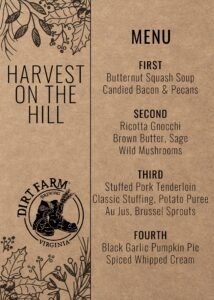 Menu for dirt farm brewings harvest on the Hill Beer dinner in Loudoun county