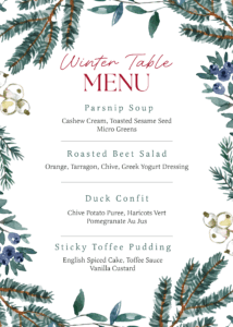 Menu for dirt farm Brewings winter table beer dinner in Loudoun county