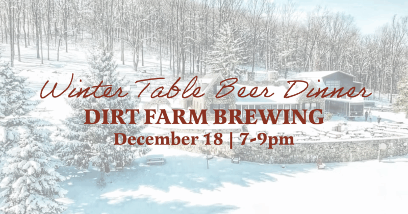 A snowy scene at Dirt Farm Brewing advertising their winter harvest beer dinner in Loudoun county