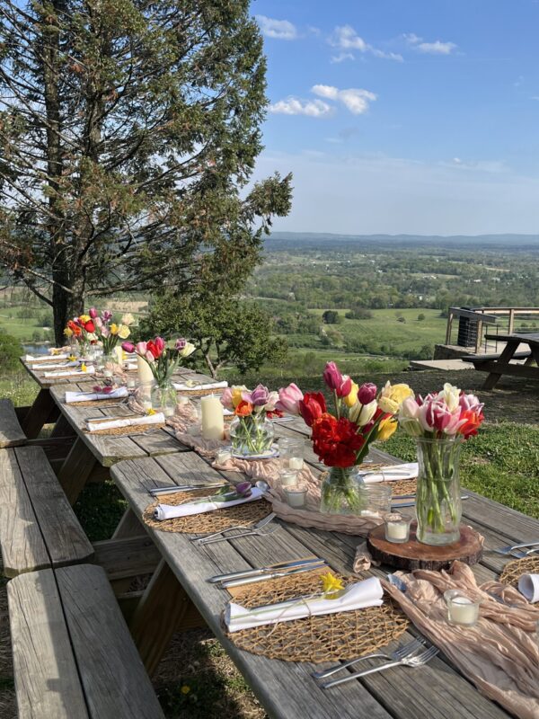 Table set for Supper Club at Dirt Farm Brewing - long community table with a beautiful setting