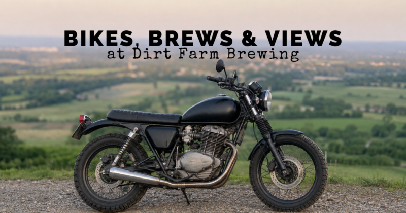 Motorcycle at dirt farm brewing with the view of Loudoun County for the bikes, brews + views Motorcycle meet-up event